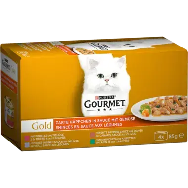 GOURMET™ Gold Zarte Häppchen in Sauce mit Gemüse mit Ente & Oliven, Forelle & Gemüse, Kaninchen & Karotten, Kalb & Gemüse Seitenansicht