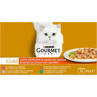 GOURMET™ Gold Zarte Häppchen in Sauce mit Gemüse mit Ente & Oliven, Forelle & Gemüse, Kaninchen & Karotten, Kalb & Gemüse Vorderansicht