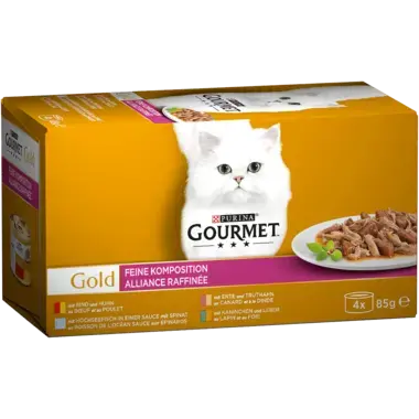 GOURMET™ Gold Feine Komposition mit Rind & Huhn, Kaninchen & Leber, Hochseefisch & Spinat, Ente & Truthahn Seitenansicht