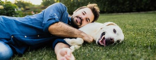 Ein Mann und sein Labrador Retriever schmusen im Freien